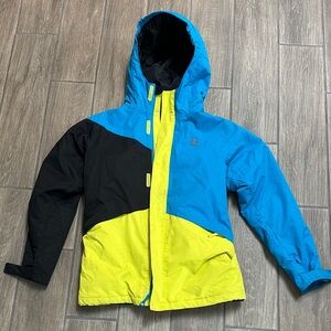 DC Kids Colorblock Hooded Snowboard Jacket in Blue, Black & Yellow, Size XL